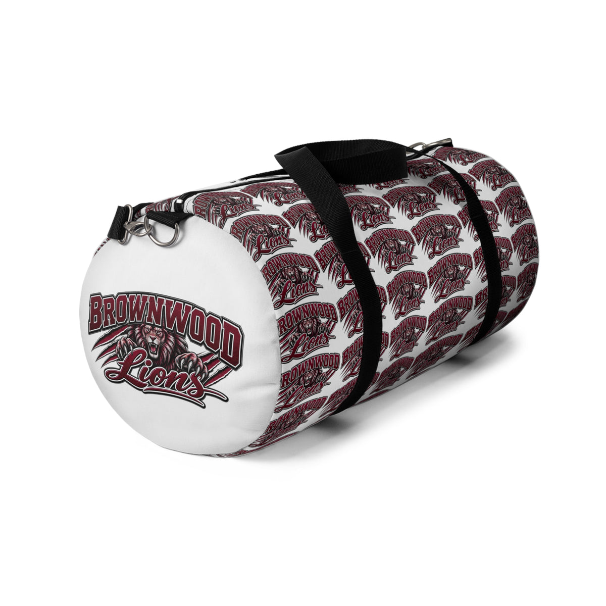 Maroon Script Logo Duffel Bag — Repeat Pattern Travel Gym Bag