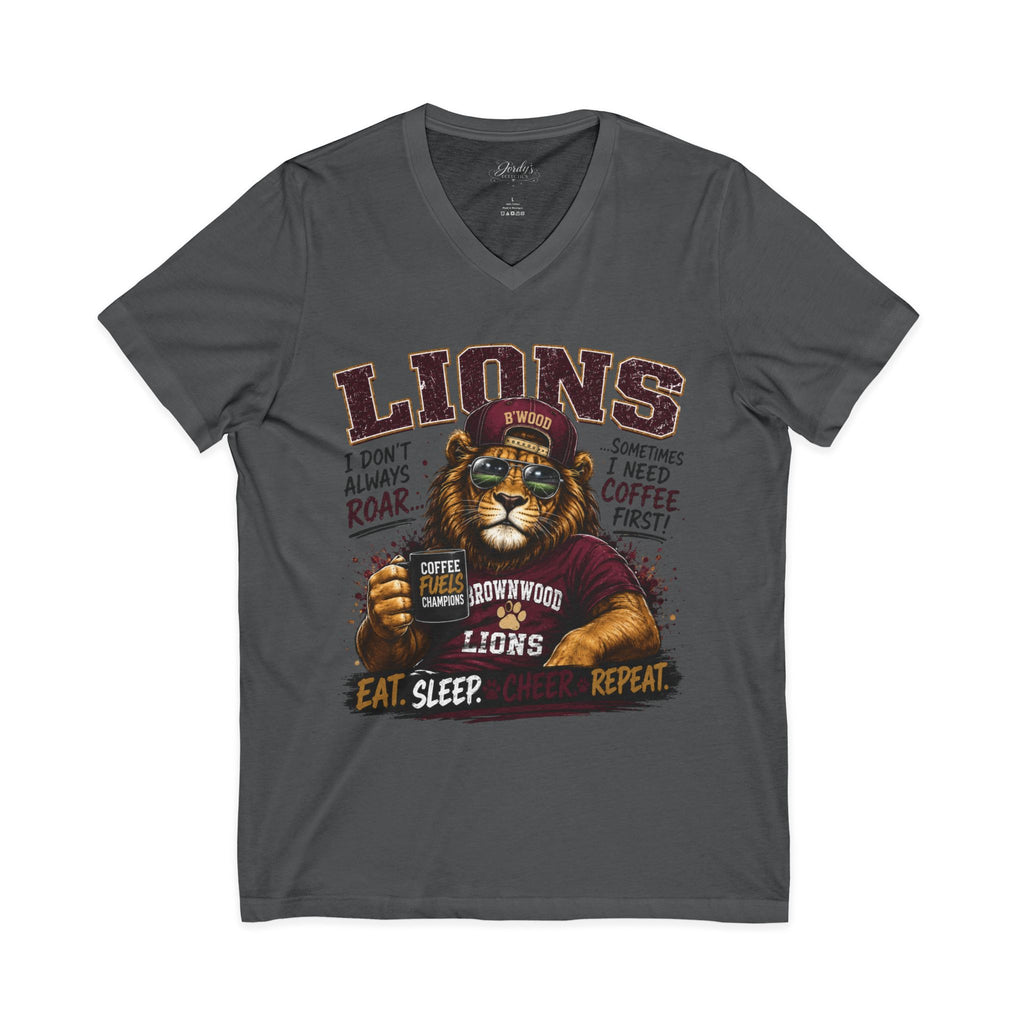 Lions Coffee V-Neck Tee — "I Don't Always Roar" Retro Lion Graphic