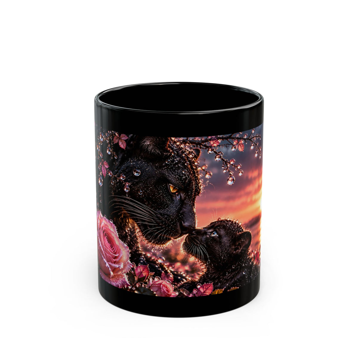 Black Panther & Cub Sunset Mug — 11oz/15oz Black Ceramic Coffee Cup