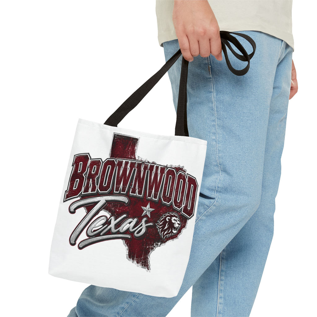 Brownwood Texas Tote Bag — Vintage State Outline & Lion Graphic