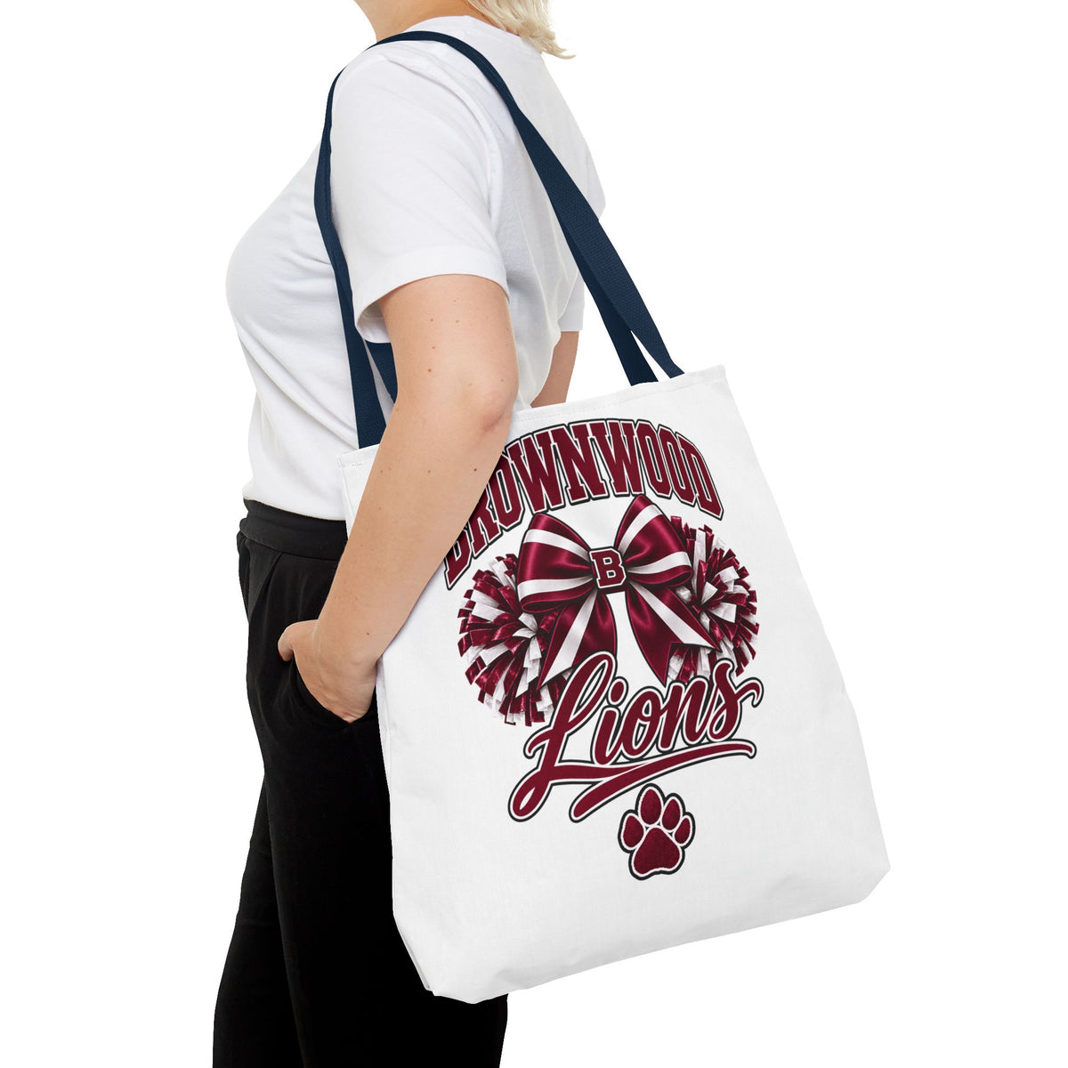 Brownwood Lions Cheer Tote Bag — School Spirit Bow & Pom-Pom Design