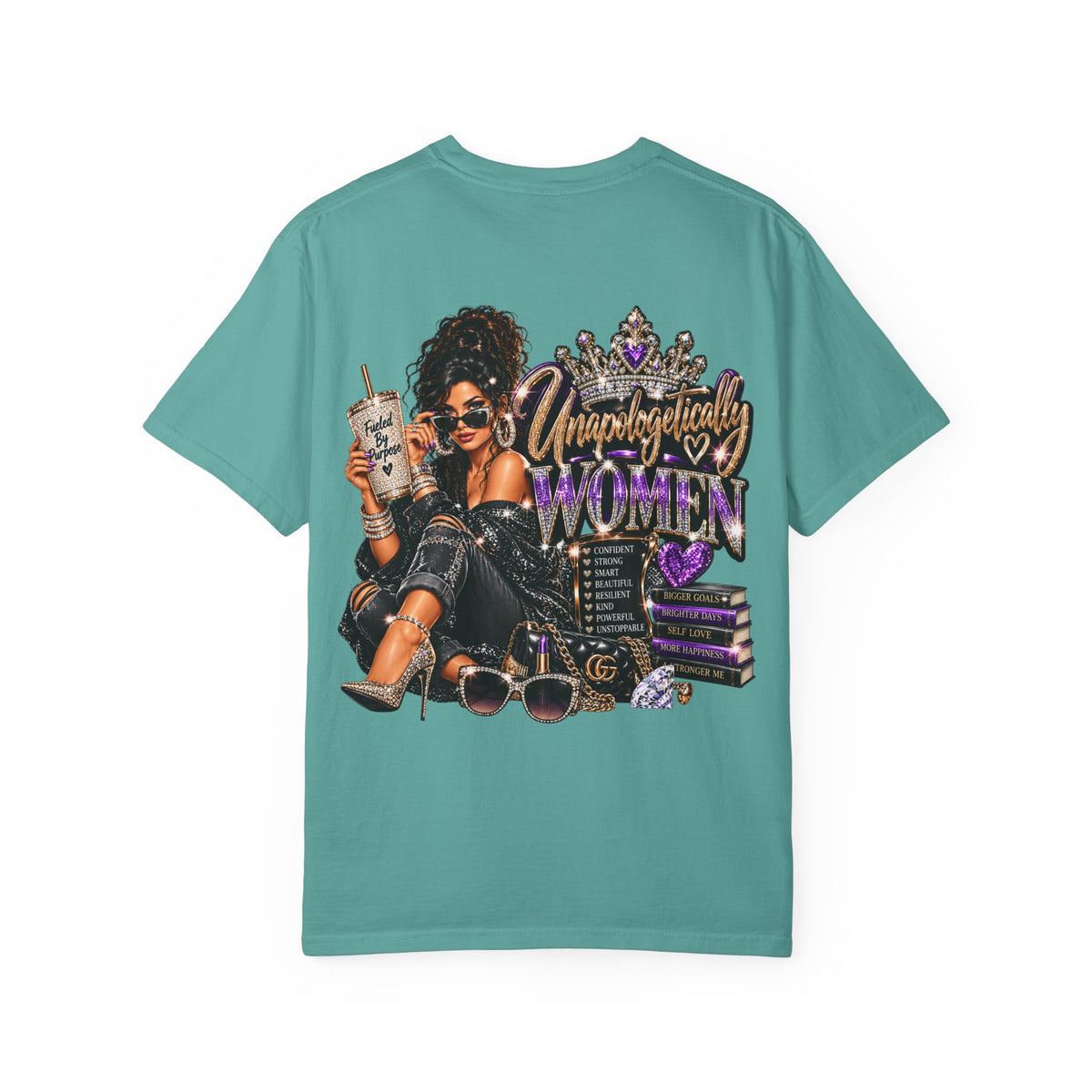 Unapologetically Women T-Shirt — Empowerment Graphic Tee with Crown, Books & Fashion Illustration