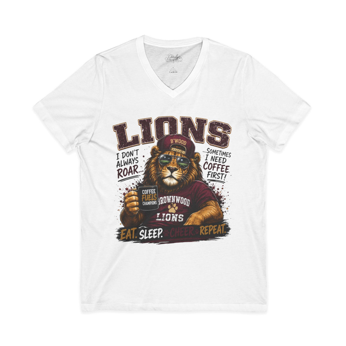 Lions Coffee V-Neck Tee — "I Don't Always Roar" Retro Lion Graphic
