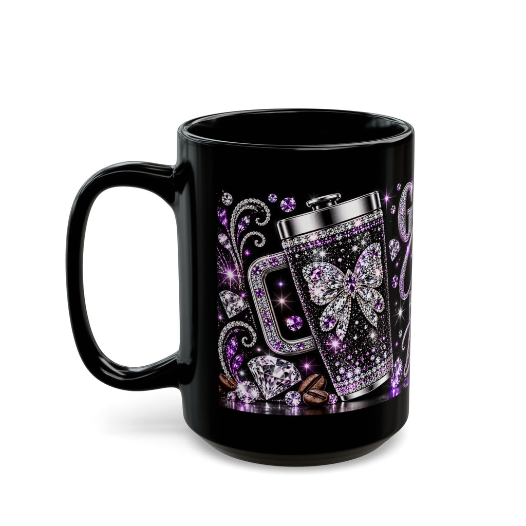 Good Coffee Brighter Days Black Ceramic Mug — Sparkling Purple Butterfly Design (11oz, 15oz)