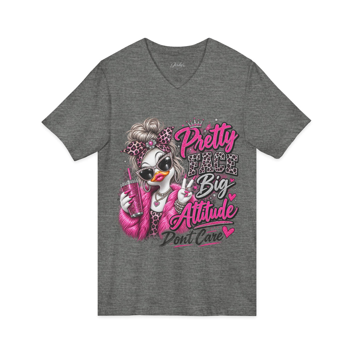 Pretty Duck Graphic V-Neck Tee — "Pretty Bigger Attitude Don’t Care"