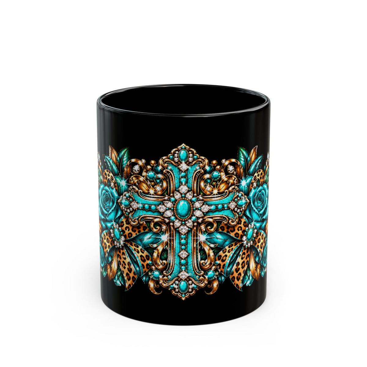 Turquoise Leopard Rose Ornate Mug