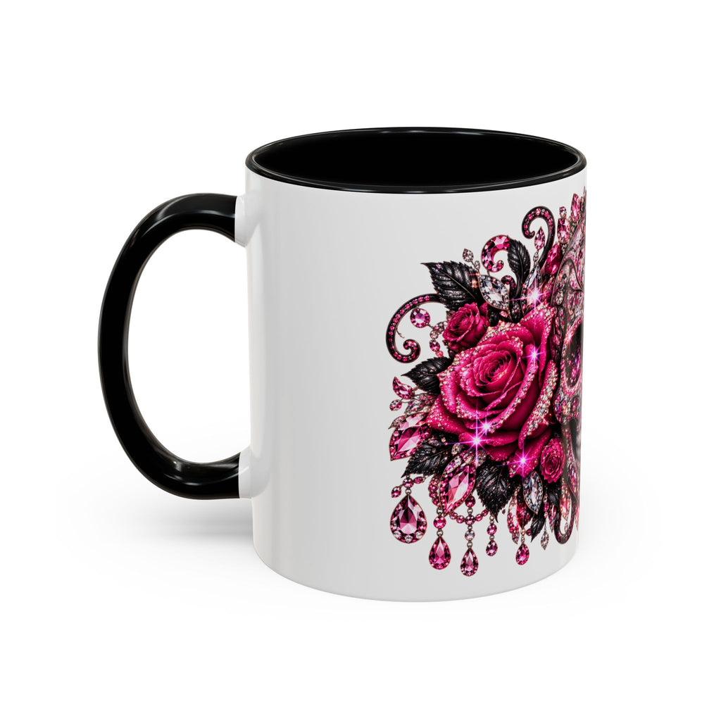 Pink Rhinestone Sugar Skull Coffee Mug – Day of the Dead Floral Accent Mug
