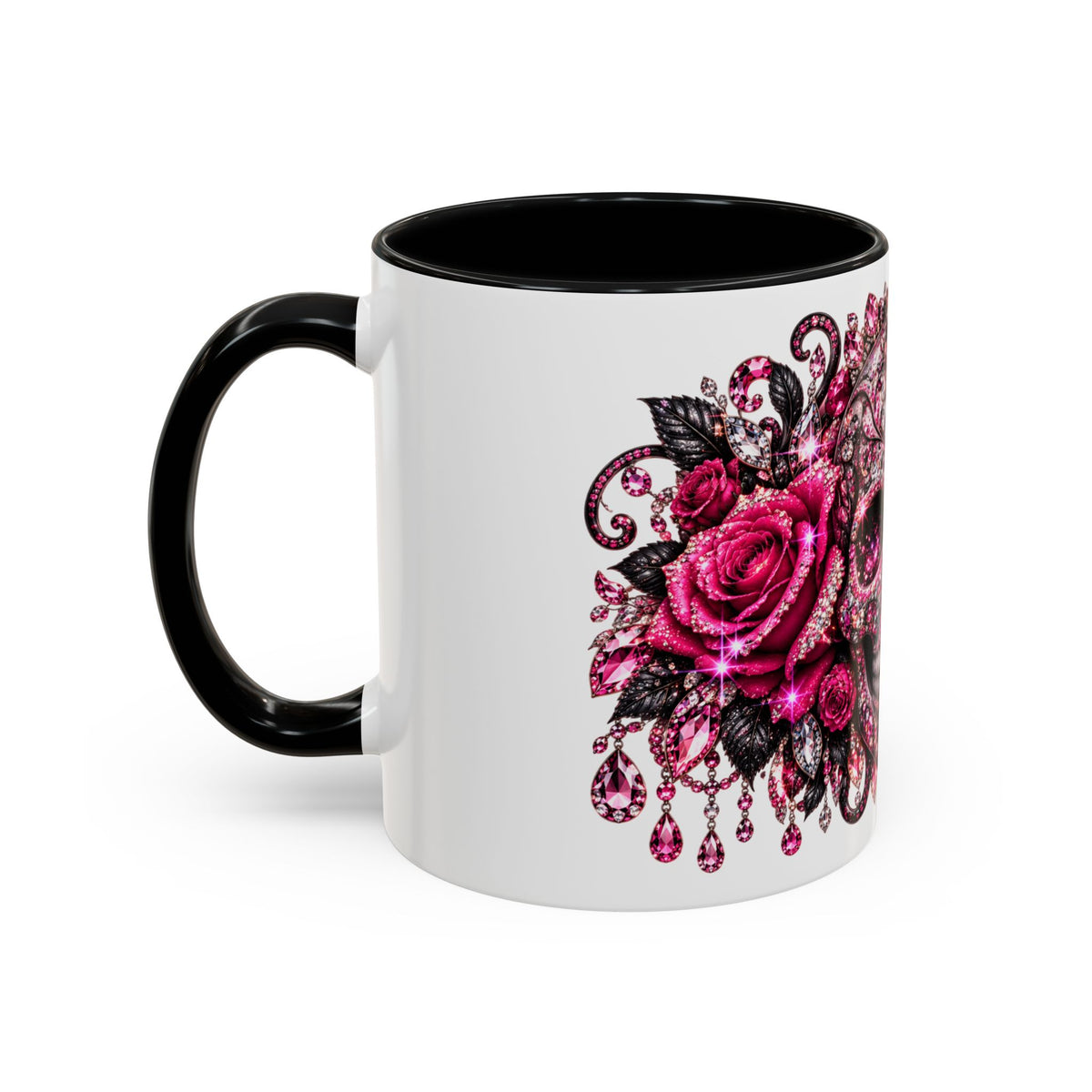 Pink Rhinestone Sugar Skull Coffee Mug – Day of the Dead Floral Accent Mug