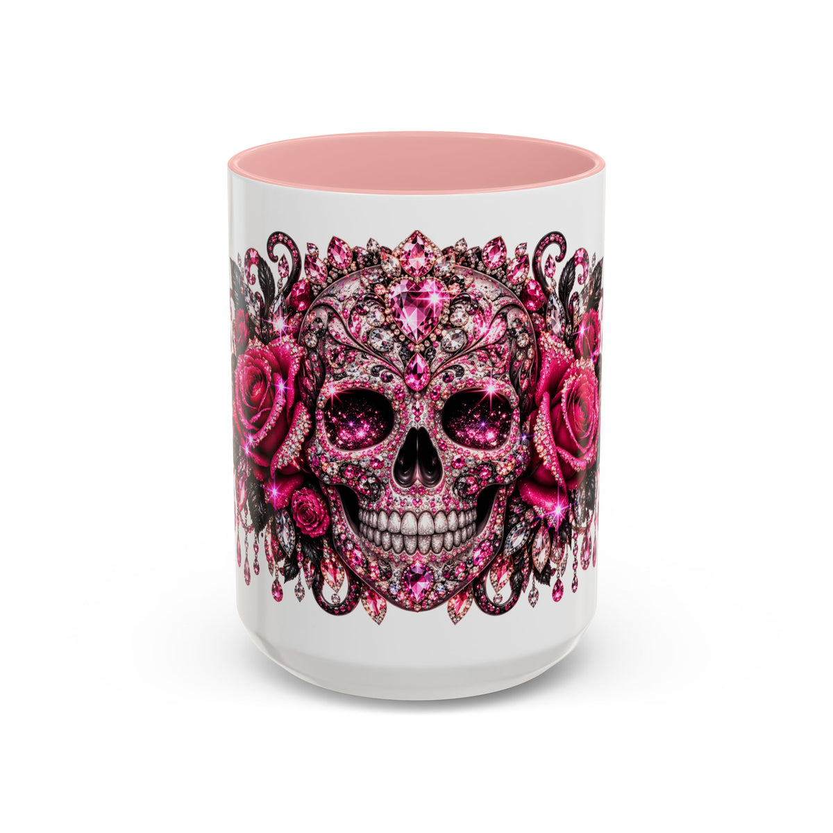 Pink Rhinestone Sugar Skull Coffee Mug – Day of the Dead Floral Accent Mug