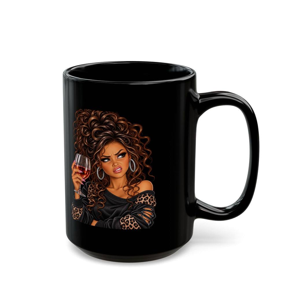 Black Ceramic Mug — Sassy Woman with Wine Illustration