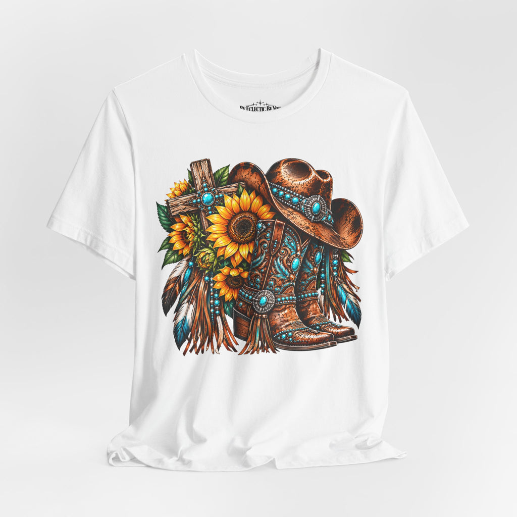 Western Cowboy Boots & Sunflowers Graphic Tee