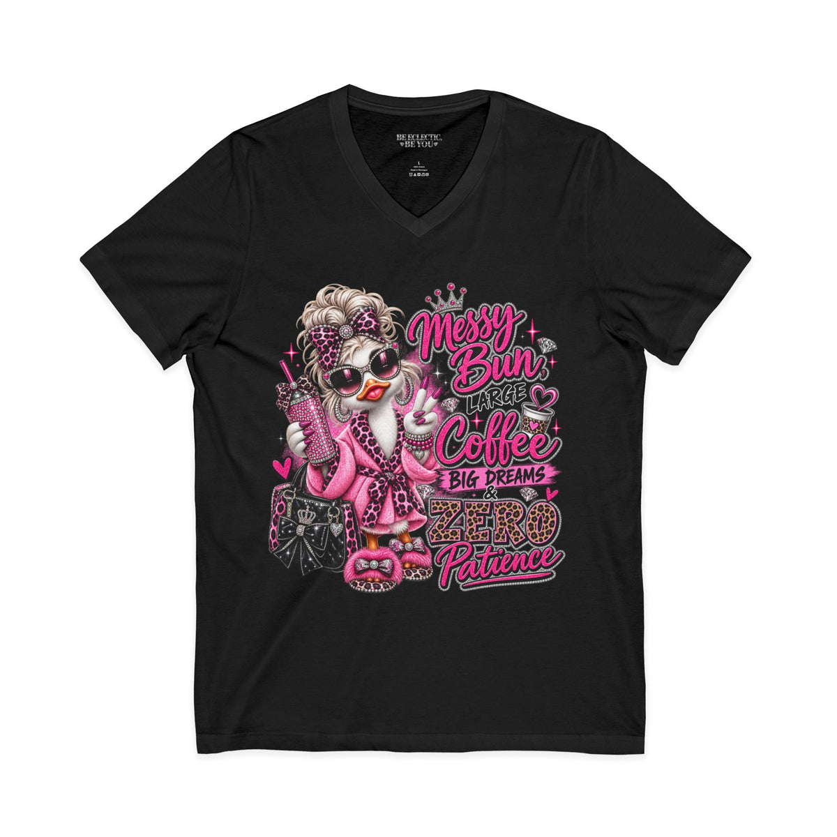 Messy Bun, Big Coffee V-Neck Tee — Funny Mom Graphic T-Shirt