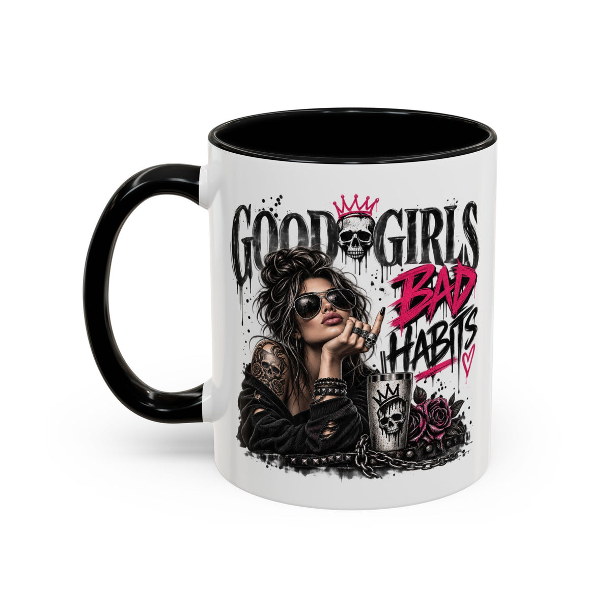 Good Girls, Bad Habits Accent Coffee Mug – Edgy Skull & Crown Design (11/15oz)