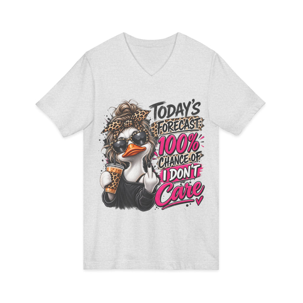 I Don't Care Duck V-Neck Tee — 100% Chance I Don't Care Graphic Shirt