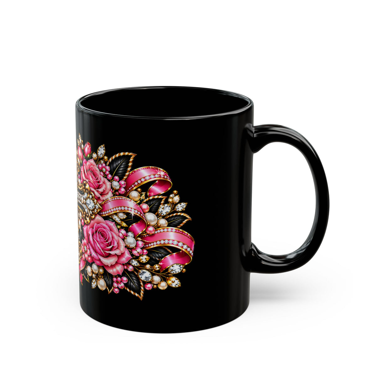 Floral Cross Black Mug – Gothic Rose Christian Gift