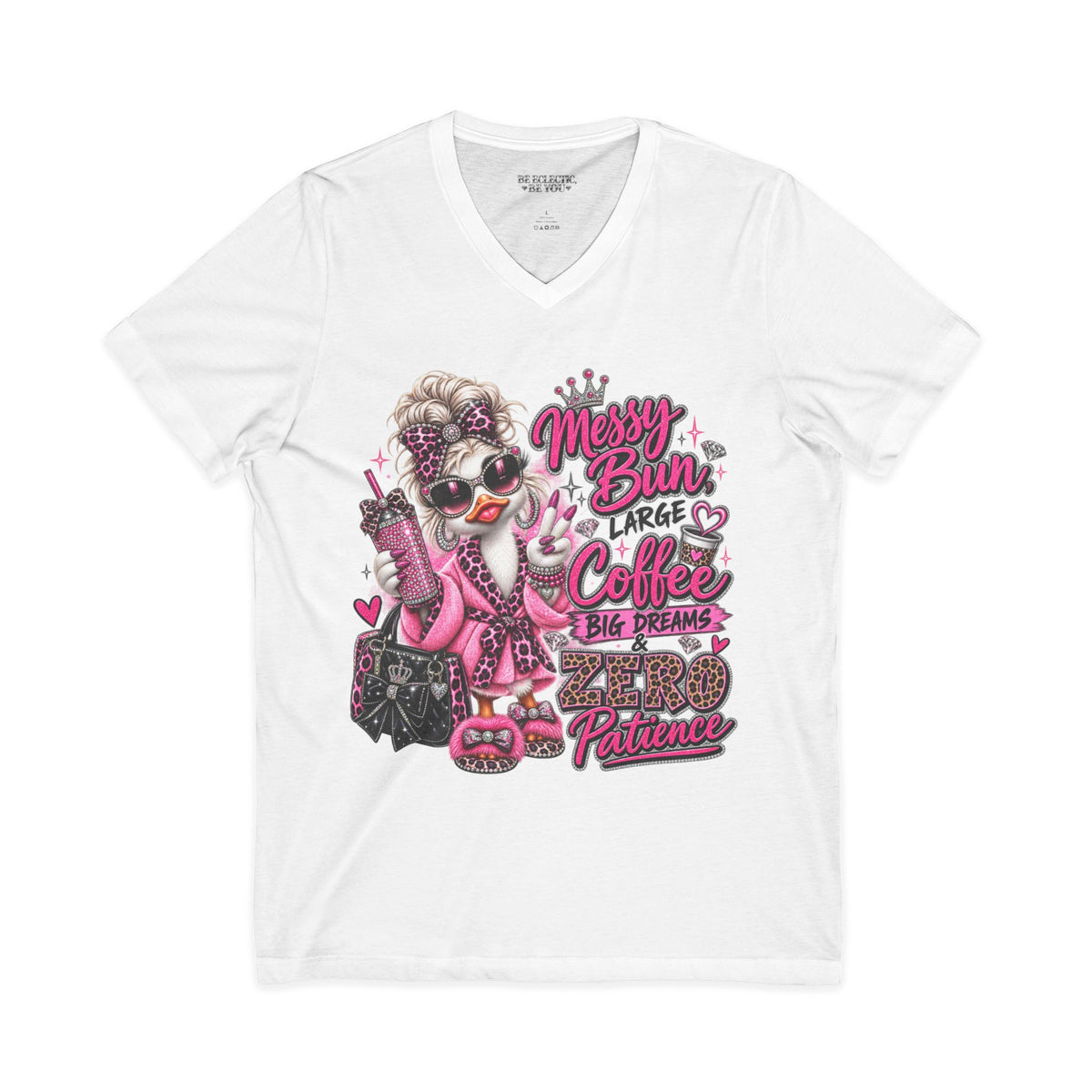 Messy Bun, Big Coffee V-Neck Tee — Funny Mom Graphic T-Shirt