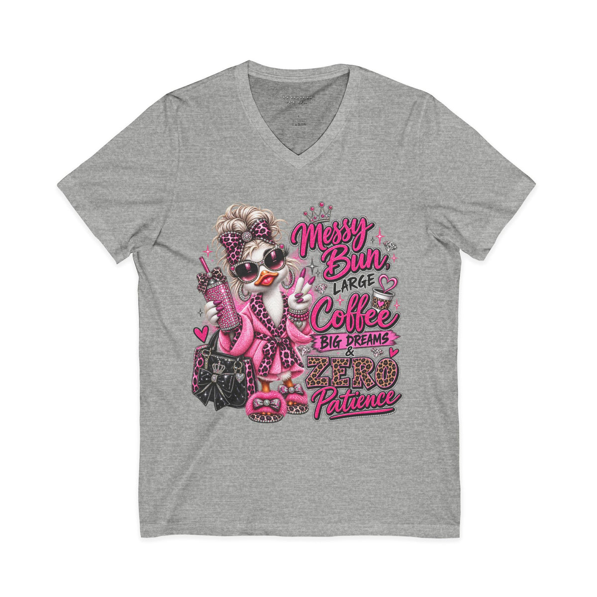 Messy Bun, Big Coffee V-Neck Tee — Funny Mom Graphic T-Shirt