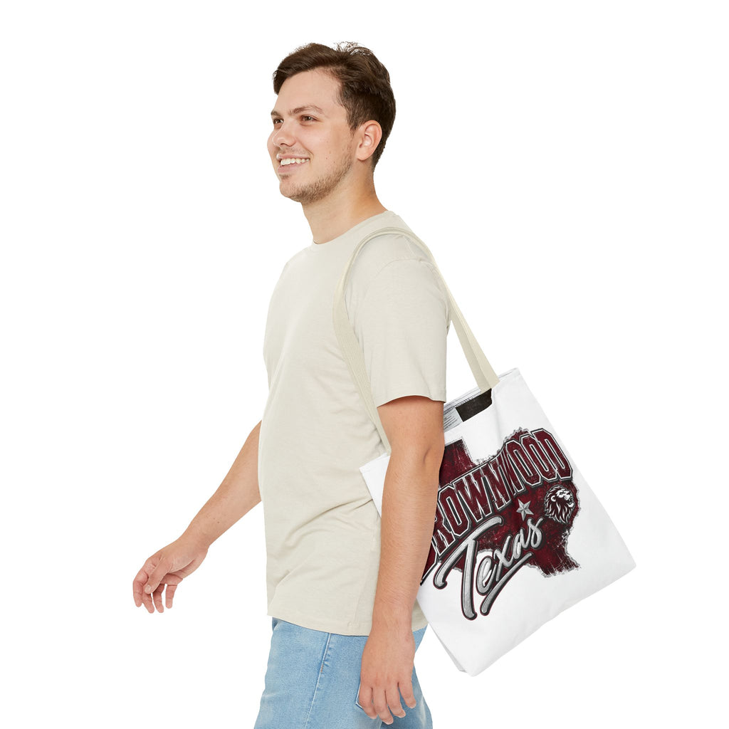 Brownwood Texas Tote Bag — Vintage State Outline & Lion Graphic