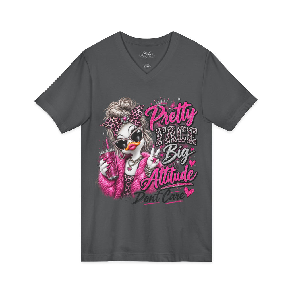 Pretty Duck Graphic V-Neck Tee — "Pretty Bigger Attitude Don’t Care"