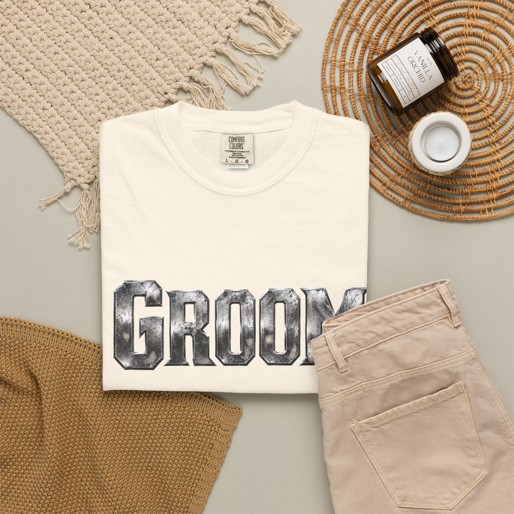 Groom Graphic T-Shirt — Metallic Lettering Wedding Tee for Grooms