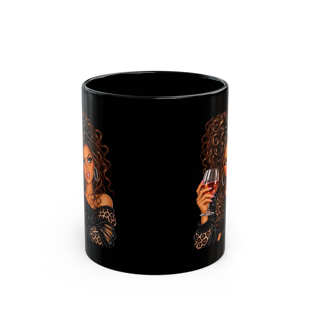 Black Ceramic Mug — Sassy Woman with Wine Illustration