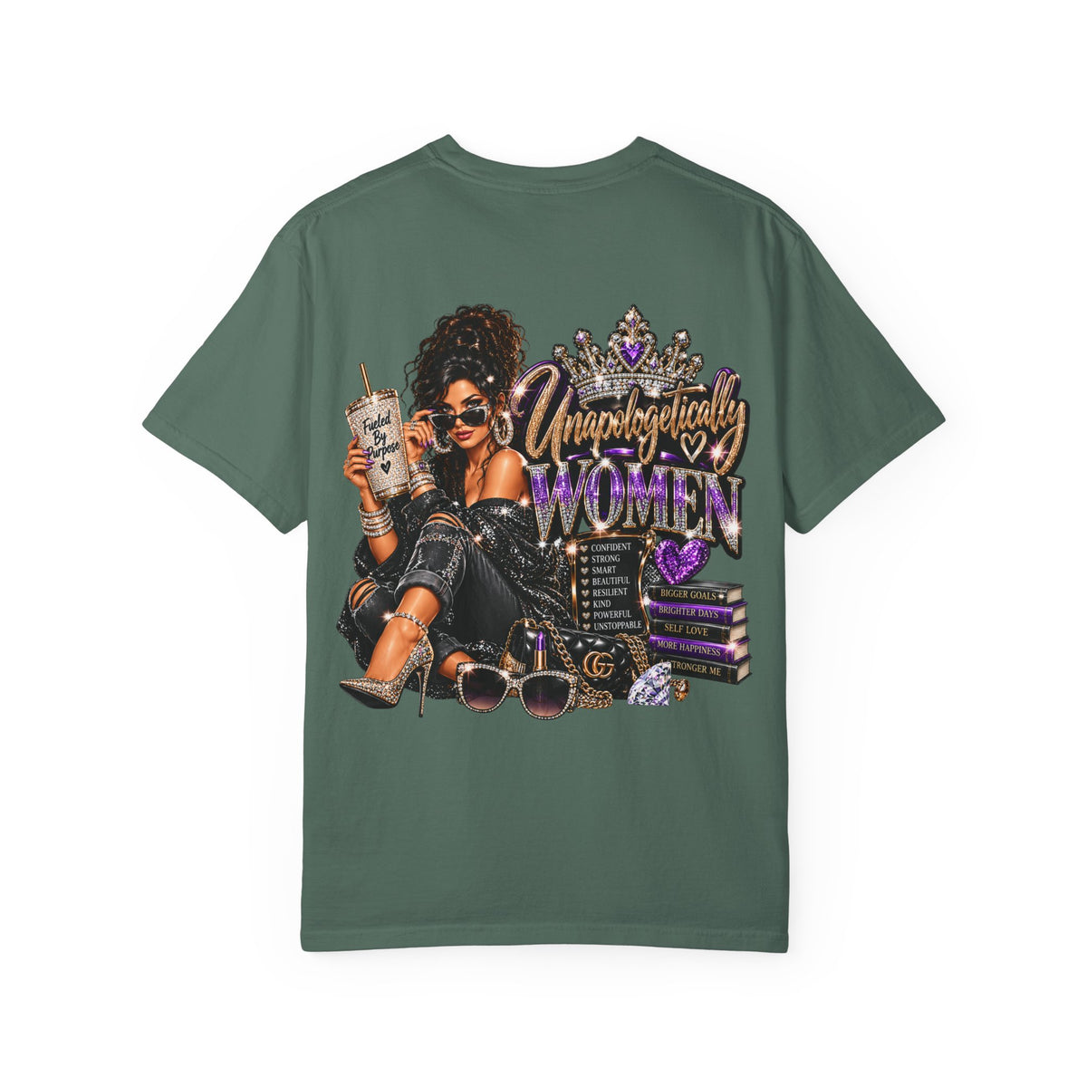 Unapologetically Women T-Shirt — Empowerment Graphic Tee with Crown, Books & Fashion Illustration