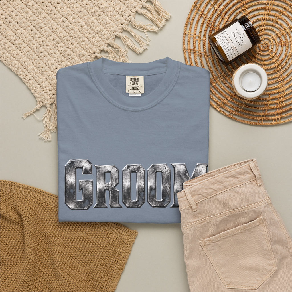 Groom Graphic T-Shirt — Metallic Lettering Wedding Tee for Grooms