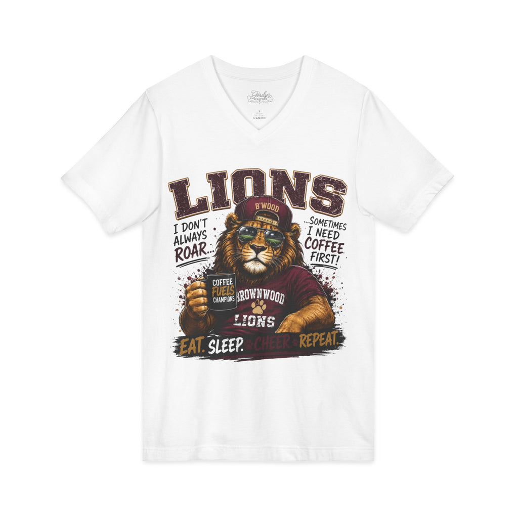 Lions Coffee V-Neck Tee — "I Don't Always Roar" Retro Lion Graphic