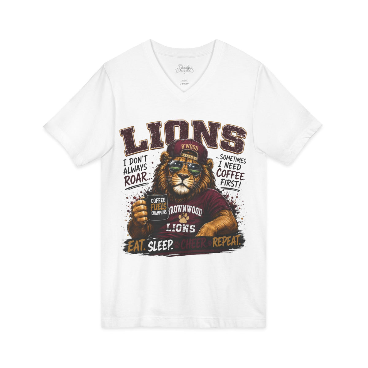 Lions Coffee V-Neck Tee — "I Don't Always Roar" Retro Lion Graphic