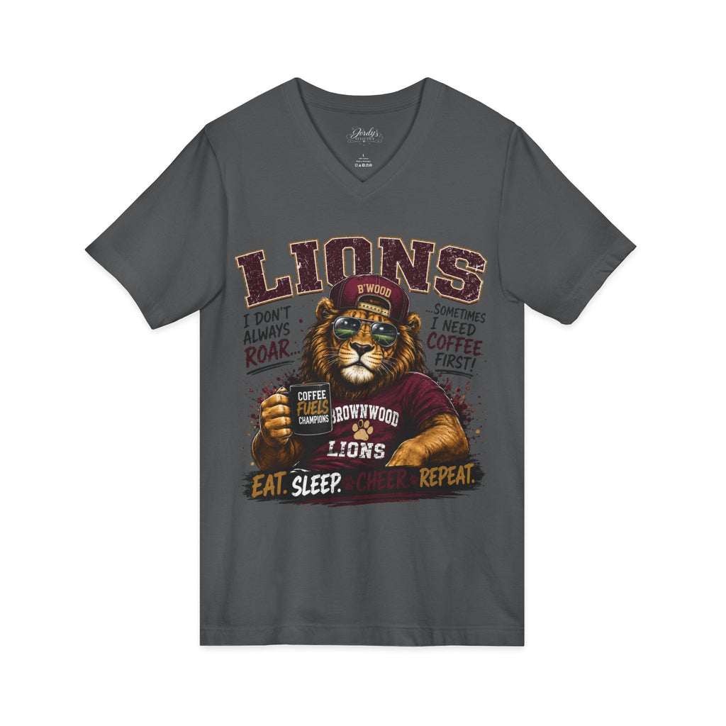Lions Coffee V-Neck Tee — "I Don't Always Roar" Retro Lion Graphic