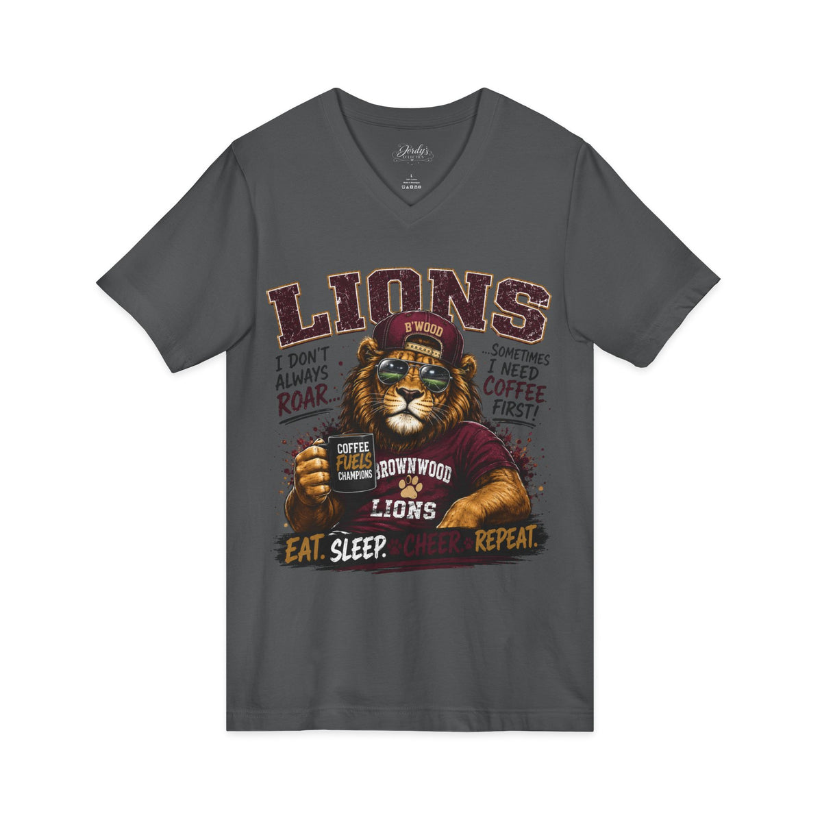 Lions Coffee V-Neck Tee — "I Don't Always Roar" Retro Lion Graphic
