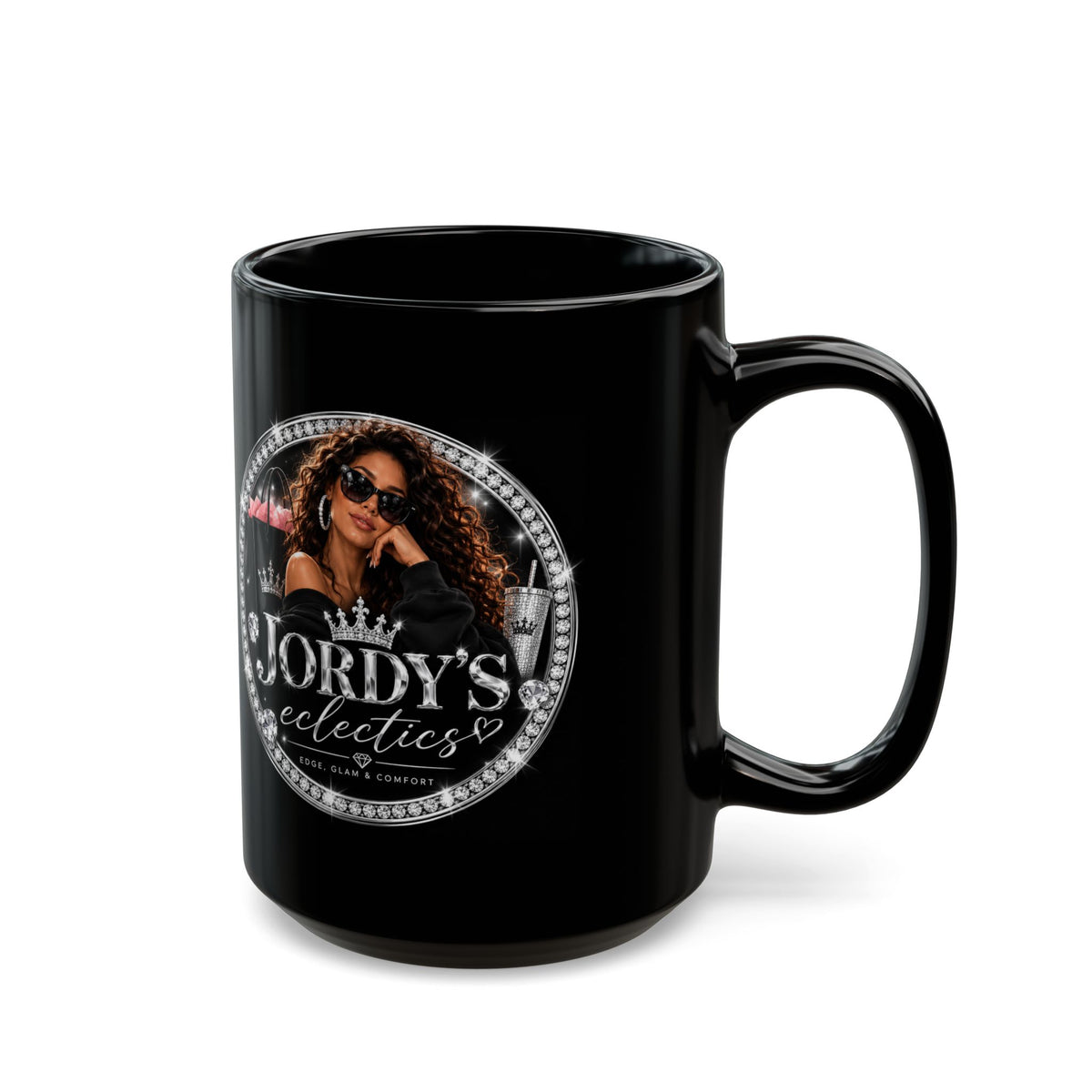 Jordy’s Eclectics Black Coffee Mug – Glam Lady Logo Ceramic Cup (11oz & 15oz)