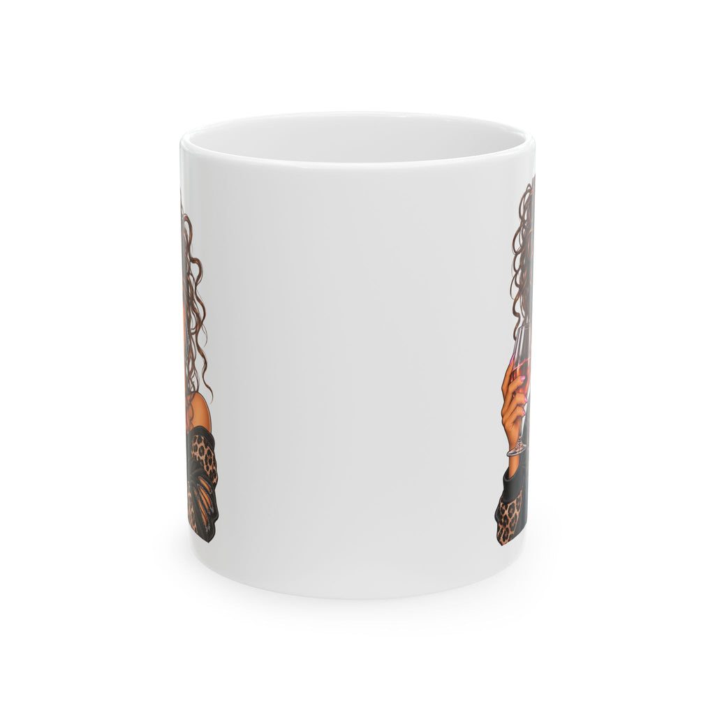 Curly Hair Woman Holding Wine Ceramic Mug – Stylish Coffee Cup Gift for Her (11oz, 15oz)