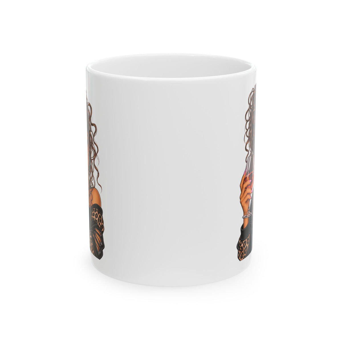 Curly Hair Woman Holding Wine Ceramic Mug – Stylish Coffee Cup Gift for Her (11oz, 15oz)