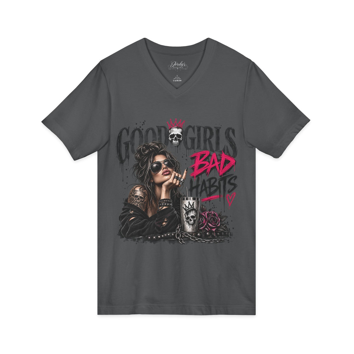 Good Girls Bad Habits V-Neck Tee – Edgy Rocker Graphic T-Shirt