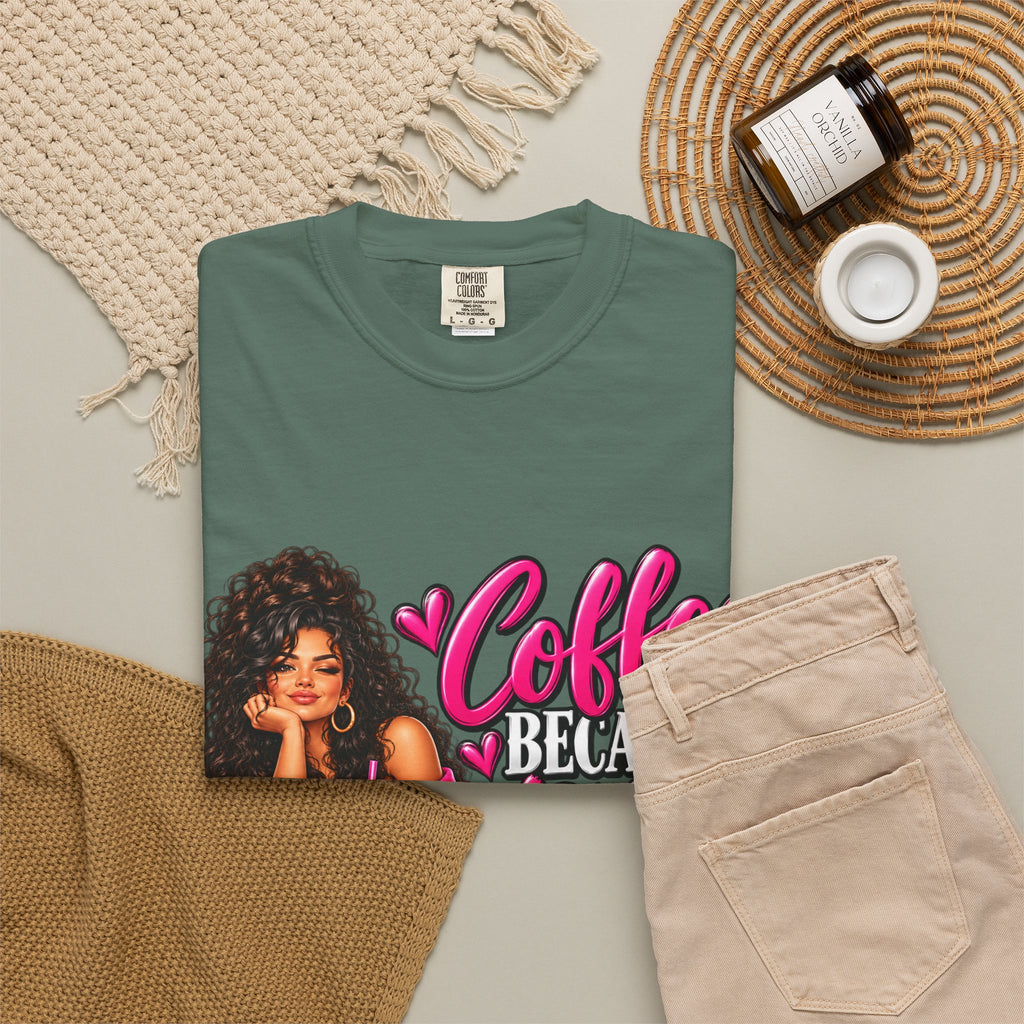 T-Shirt — "Coffee Because Adulting Is Hard" Graphic Tee (Cute Girl Illustration)