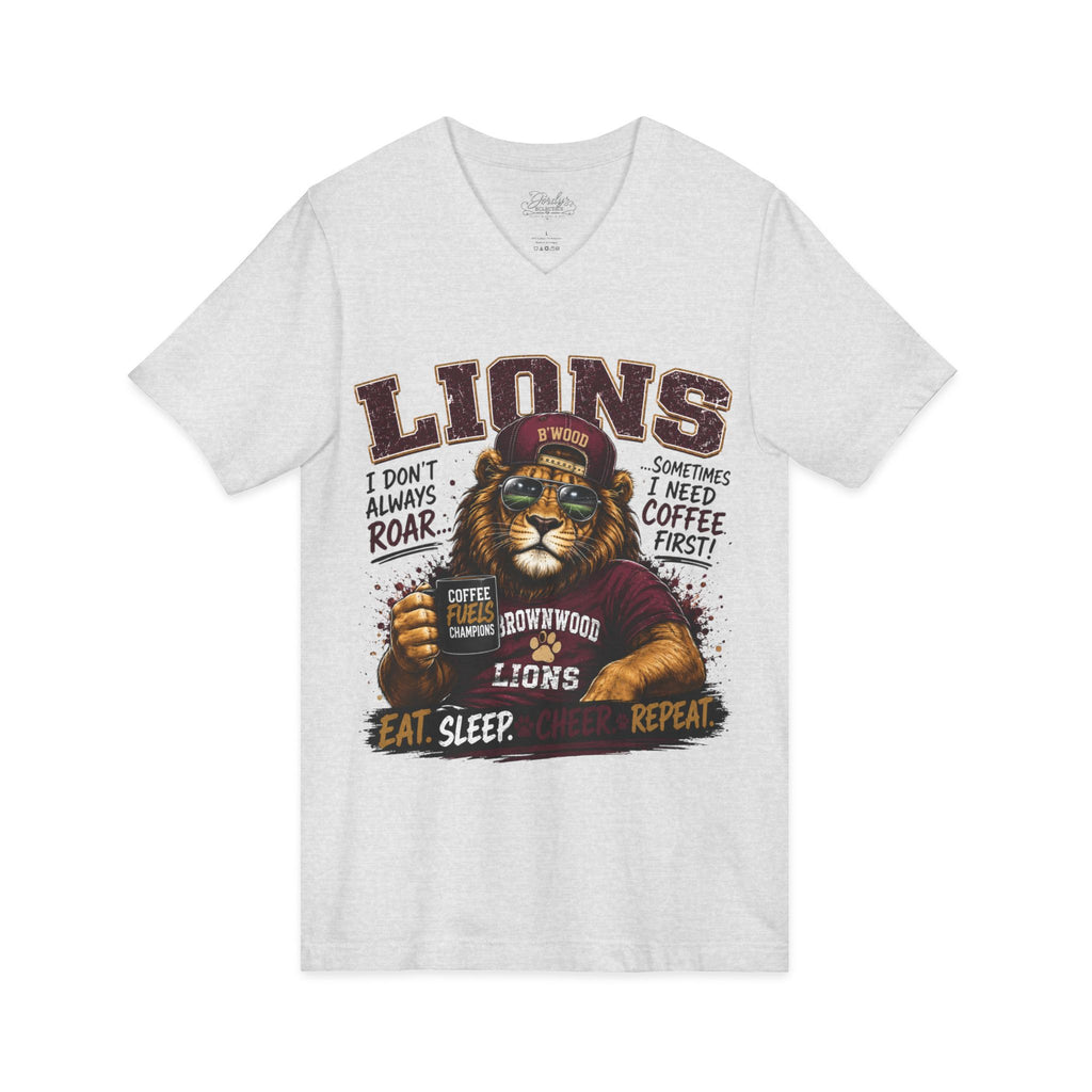 Lions Coffee V-Neck Tee — "I Don't Always Roar" Retro Lion Graphic