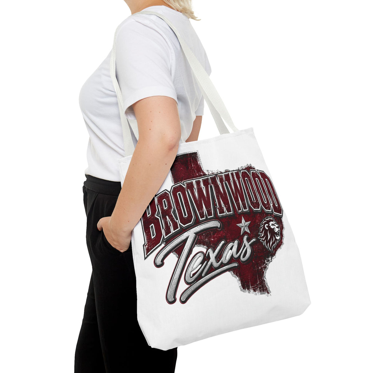 Brownwood Texas Tote Bag — Vintage State Outline & Lion Graphic