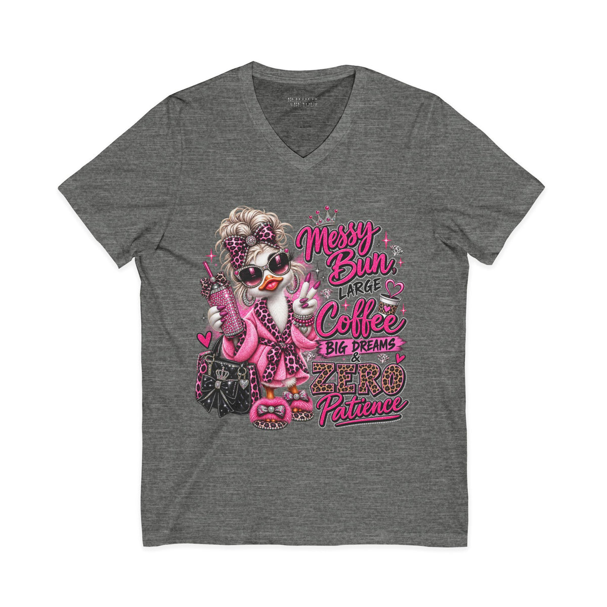 Messy Bun, Big Coffee V-Neck Tee — Funny Mom Graphic T-Shirt