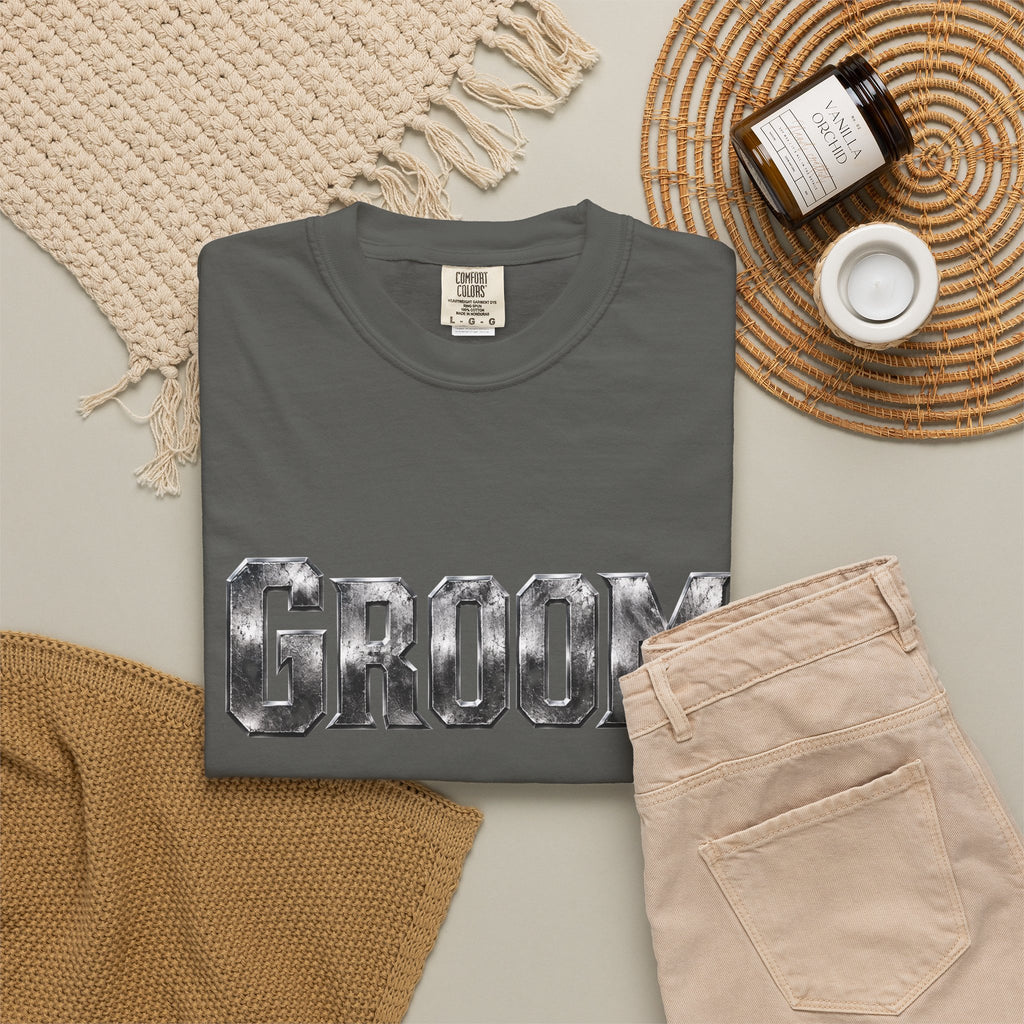 Groom Graphic T-Shirt — Metallic Lettering Wedding Tee for Grooms