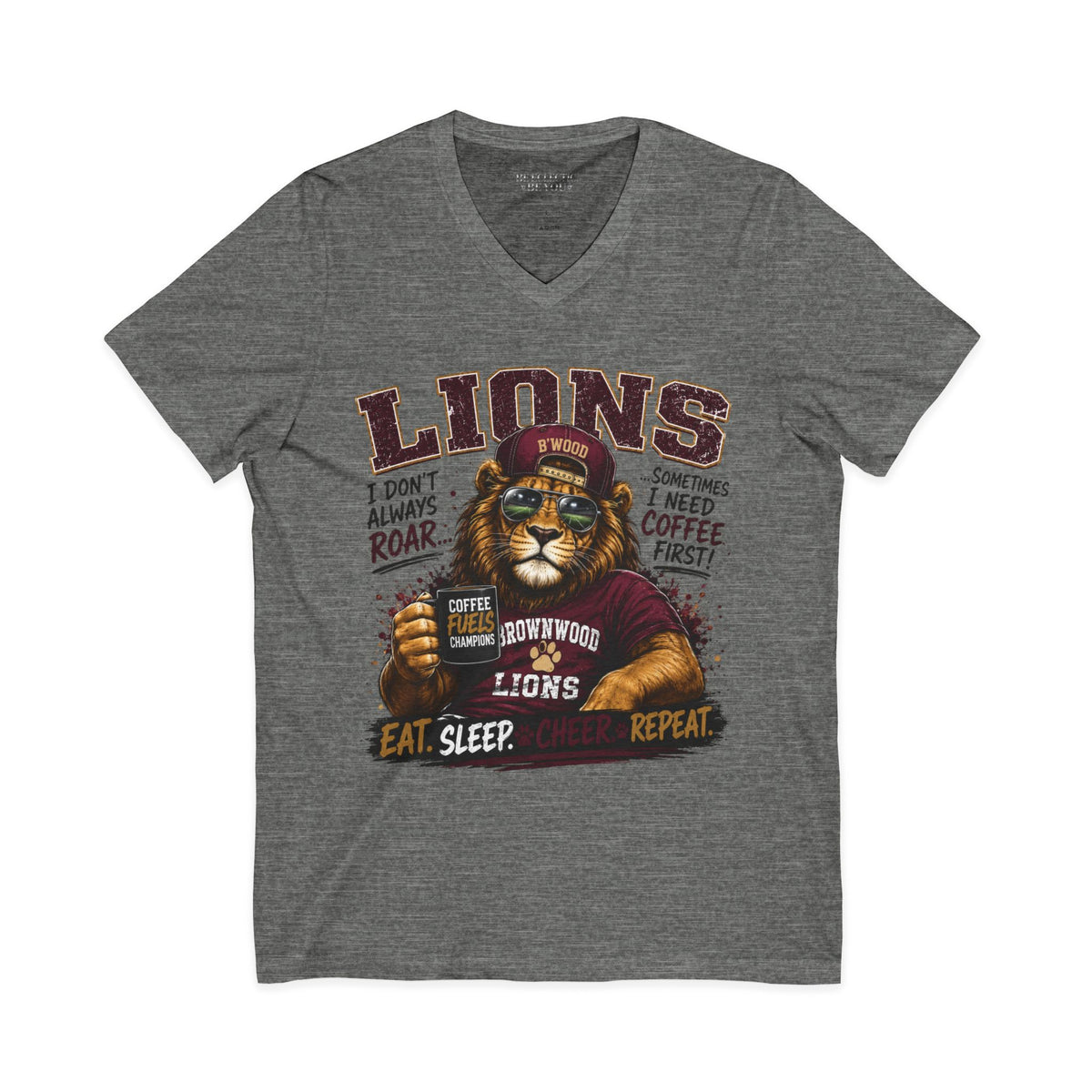 Lions Coffee V-Neck Tee — "I Don't Always Roar" Retro Lion Graphic