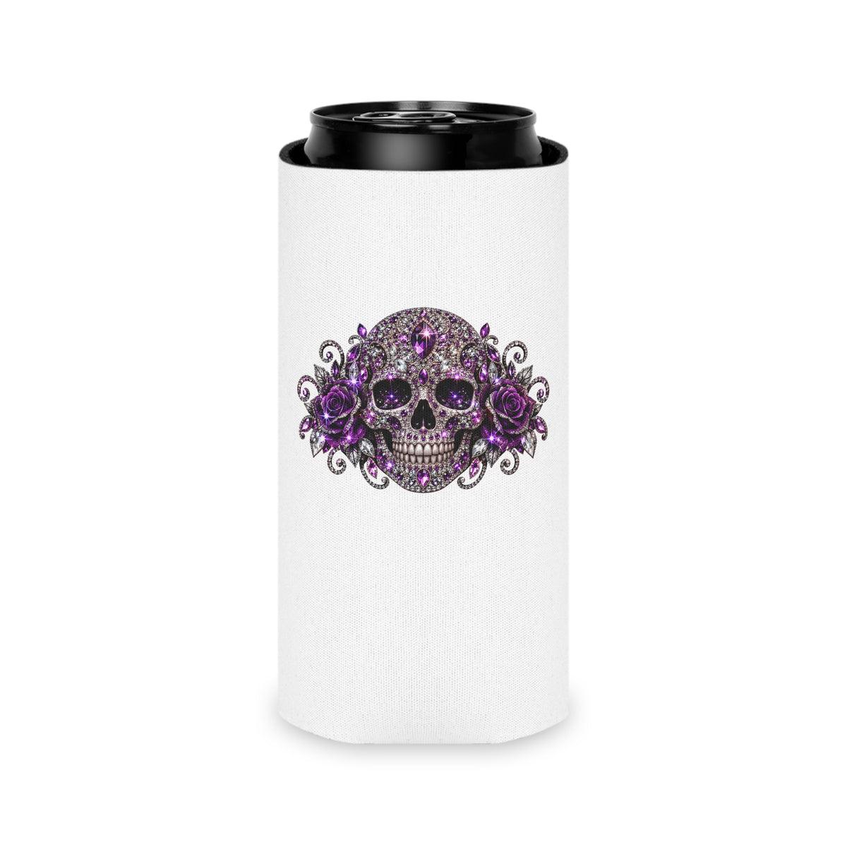 Purple Rhinestone Skull Can Cooler – Floral Gothic Beverage Koozie