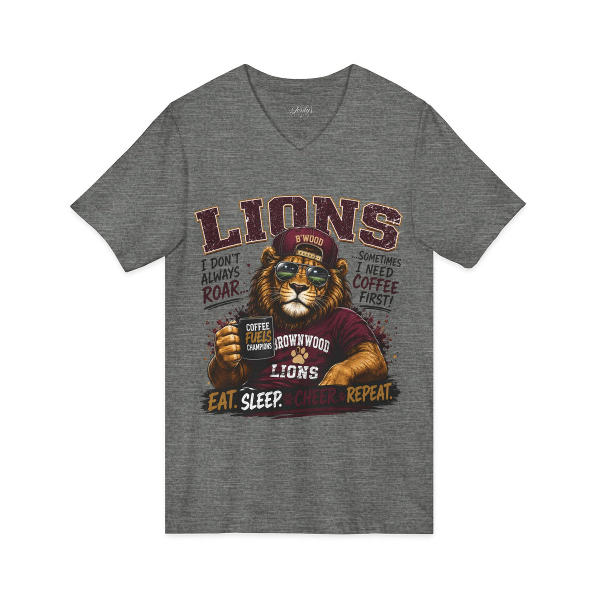 Lions Coffee V-Neck Tee — "I Don't Always Roar" Retro Lion Graphic