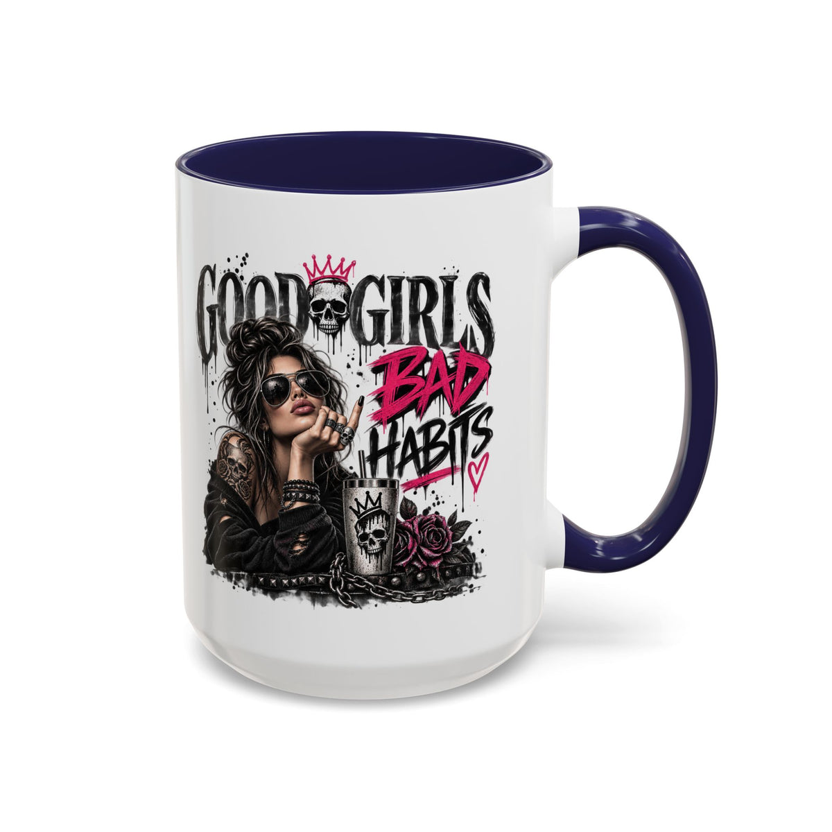 Good Girls, Bad Habits Accent Coffee Mug – Edgy Skull & Crown Design (11/15oz)