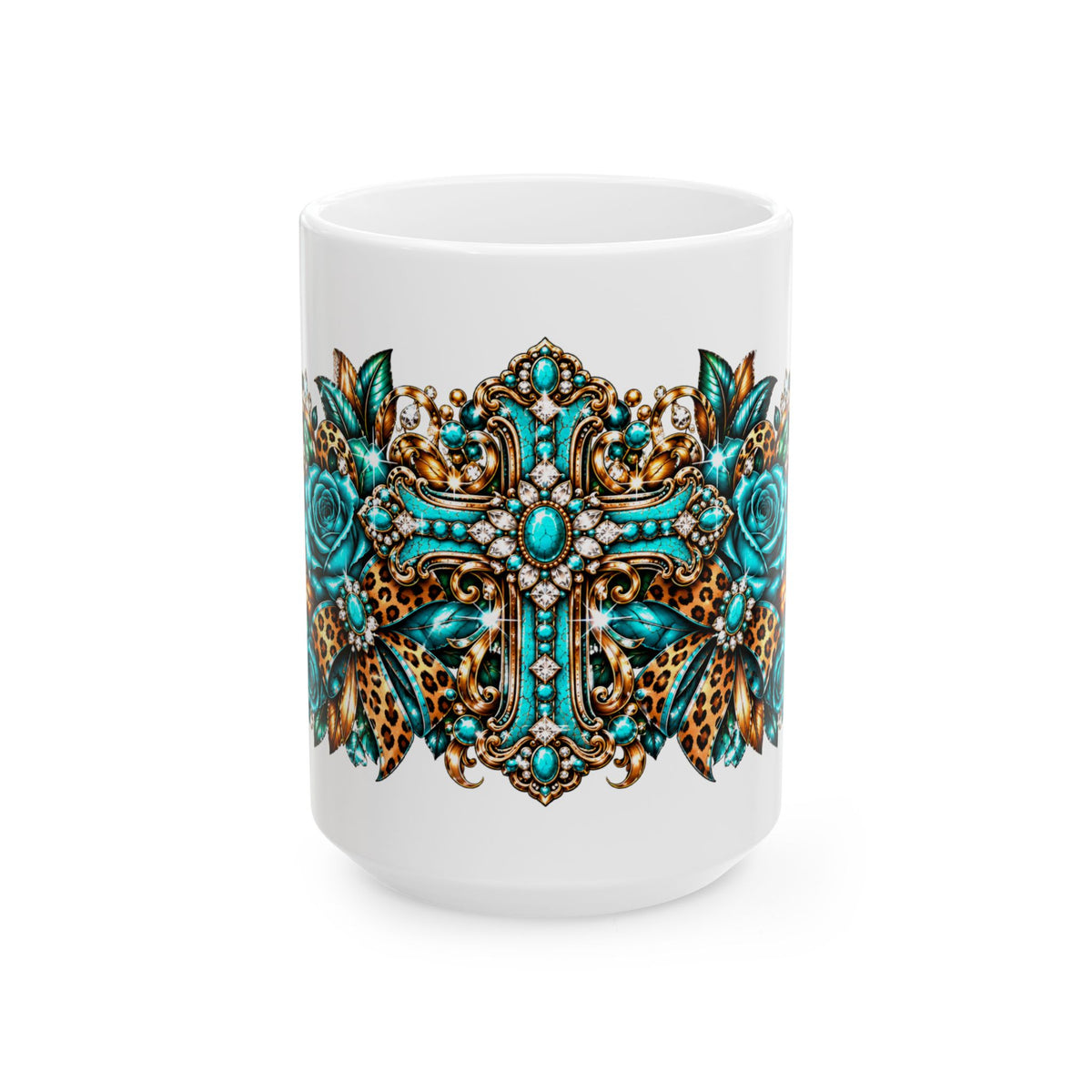 Ornate Turquoise Cross Mug – Gothic Christian Coffee Cup