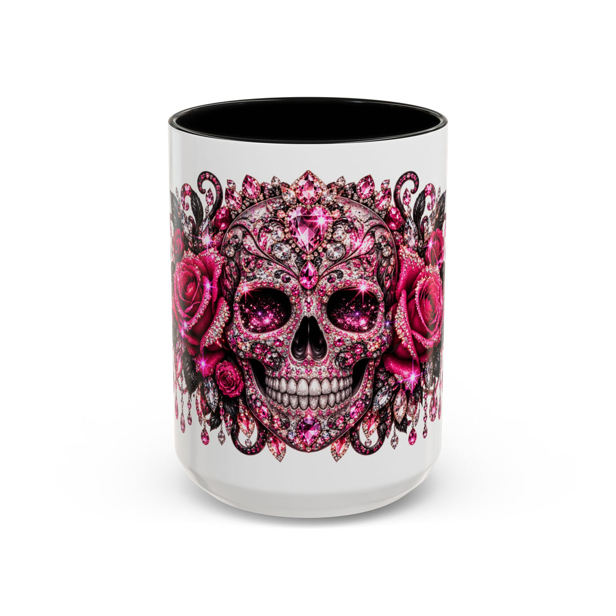 Pink Rhinestone Sugar Skull Coffee Mug – Day of the Dead Floral Accent Mug