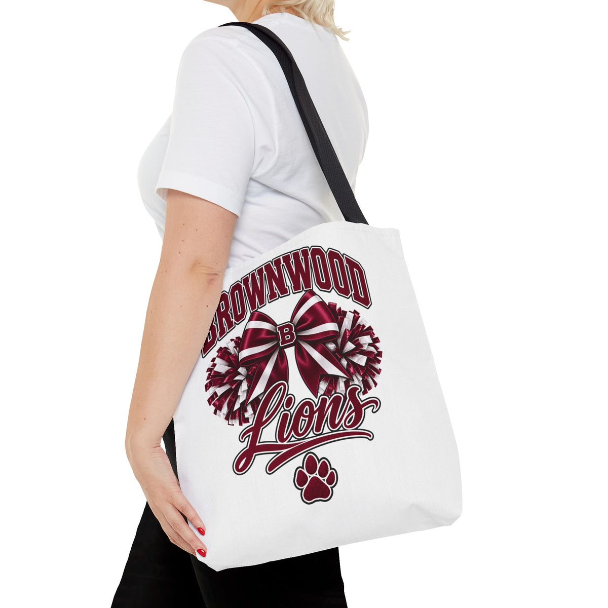 Brownwood Lions Cheer Tote Bag — School Spirit Bow & Pom-Pom Design