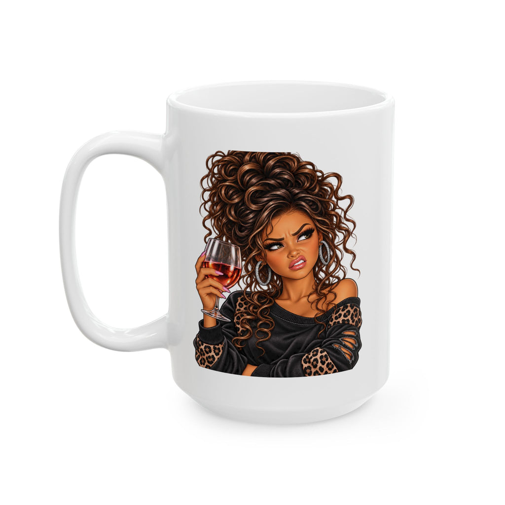 Curly Hair Woman Holding Wine Ceramic Mug – Stylish Coffee Cup Gift for Her (11oz, 15oz)