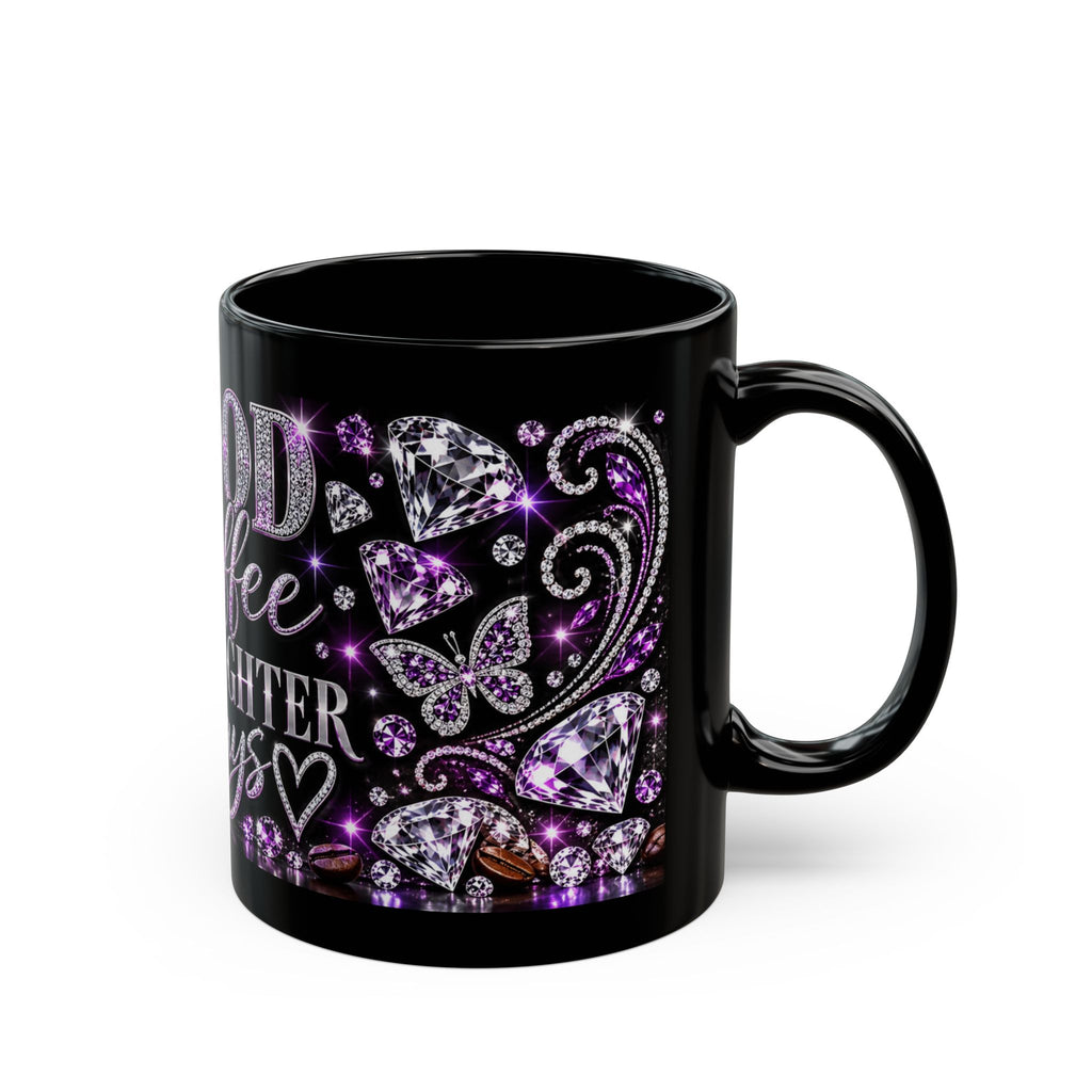 Good Coffee Brighter Days Black Ceramic Mug — Sparkling Purple Butterfly Design (11oz, 15oz)