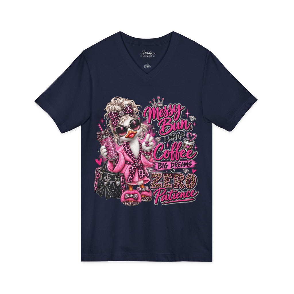 Messy Bun, Big Coffee V-Neck Tee — Funny Mom Graphic T-Shirt